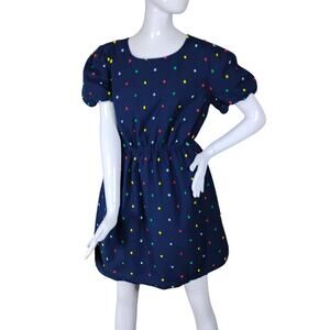 Crown & Ivy Dress Large Dark Blue with Colorful Fuzzy Pom Pom Texture Pullover